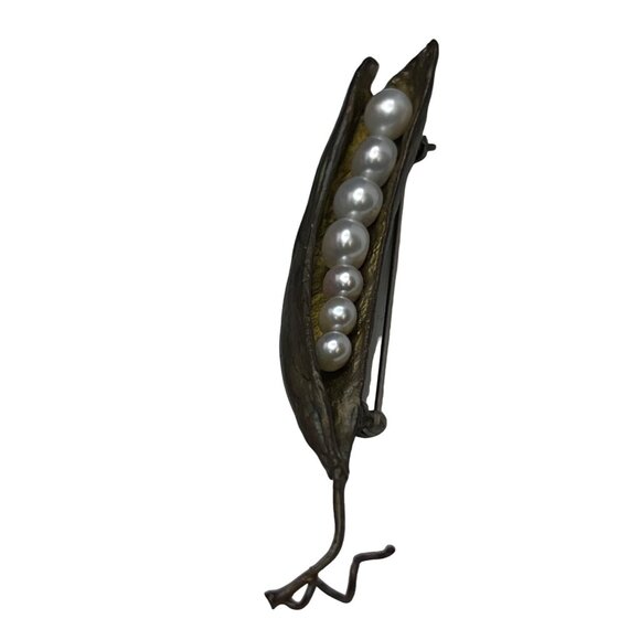Michael Michaud Silver Seasons peapod brooch bronze freshwater pearl pin 3" - Picture 8 of 12